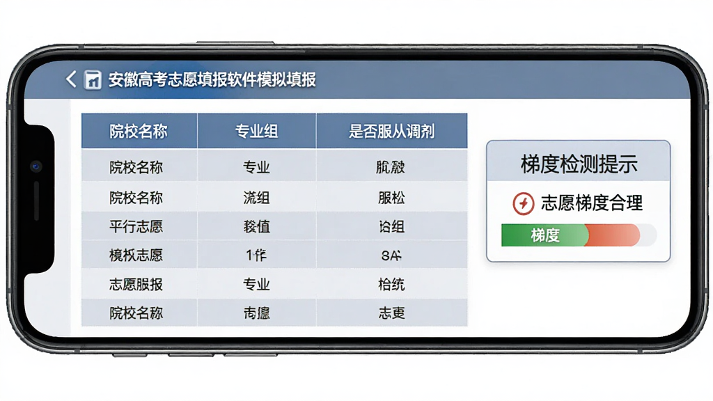 安徽高考志愿填报软件模拟填报功能界面,手机屏幕展示平行志愿表格,表格中有院校名称、专业组、是否服从调剂等列,右侧有梯度检测提示框显示志愿梯度合理,界面设计规整清晰,蓝灰色调为主,表格线条分明,文字标注明确,整体布局干净利落,高清画质无多余装饰元素