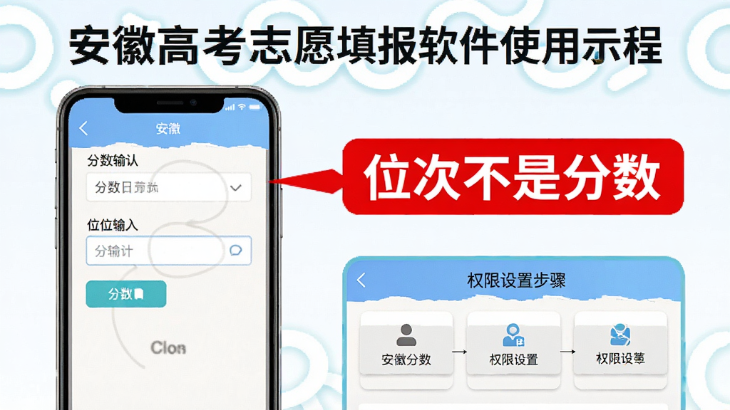 安徽高考志愿填报软件使用教程示意图,手机屏幕显示分数输入界面和位次输入框,旁边有红色标注提示“位次不是分数”,下方有权限设置步骤截图,整体为教程风格,图文结合,色彩鲜明,标注清晰,画面干净,高清画质