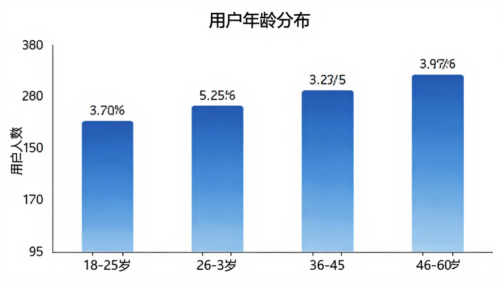 安徽高考志愿填报软件用户年龄分布柱状图,横轴为年龄段18-25岁、26-35岁、36-45岁、46-60岁,纵轴为用户人数占比,柱状图颜色为渐变的蓝色系,图表标题为“用户年龄分布”,背景白色,数据标签清晰,整体风格简洁专业,高清画质无多余元素