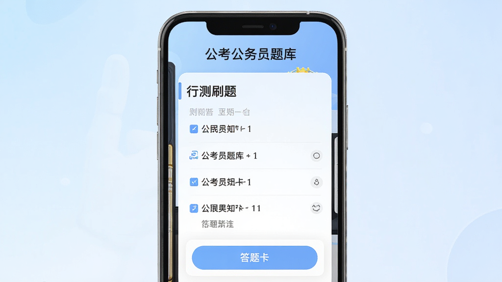 公考公务员题库App主界面,手机屏幕中央展示行测刷题页面,顶部有“公考公务员题库”文字标题,下方是清晰的题目选项和答题卡按钮,背景为淡蓝色渐变,整体风格简洁现代,画质干净,无多余元素