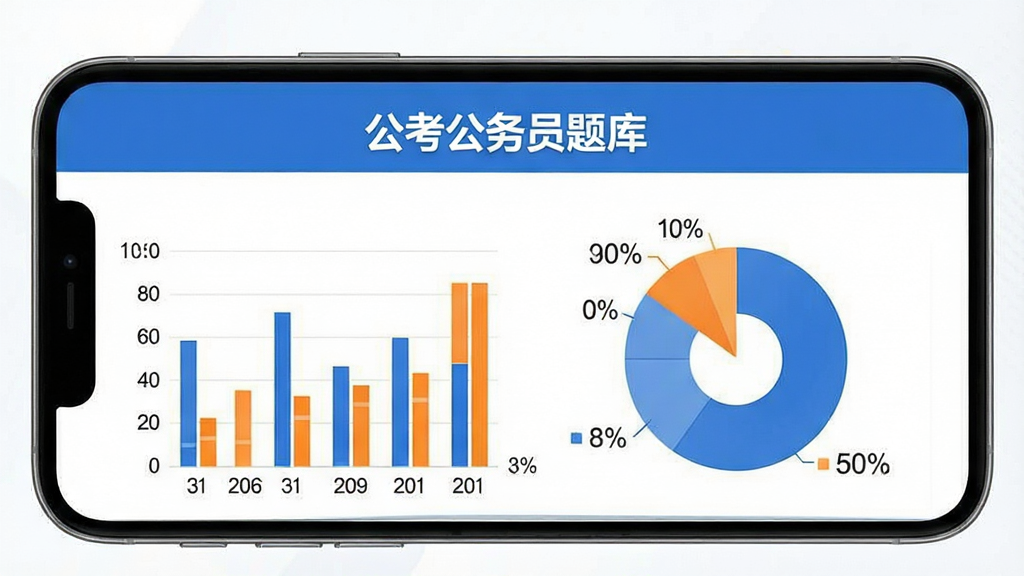 公考公务员题库学习报告界面,手机屏幕显示柱状图和饼状图,图表颜色为蓝色和橙色,顶部有“公考公务员题库”标题,背景干净,数据标签清晰,风格简约商务