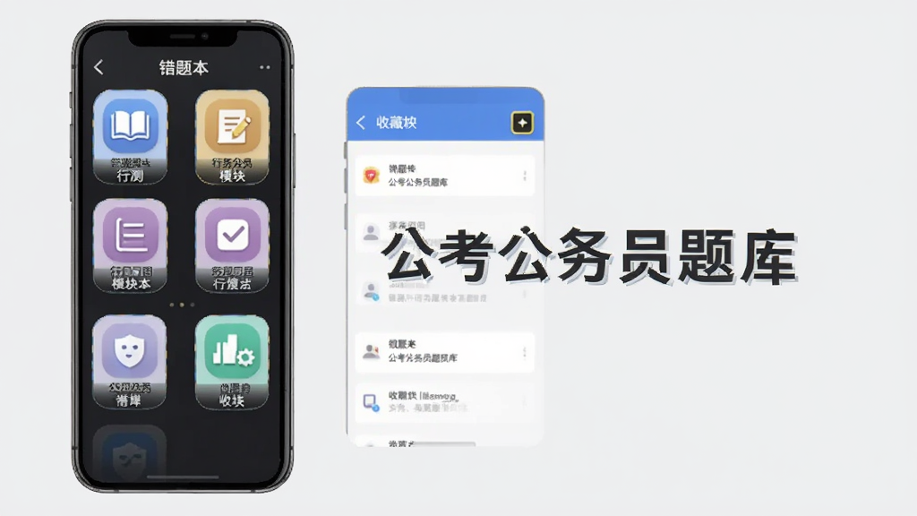 公考公务员题库功能展示图,手机屏幕中显示行测五大模块的图标排列,旁边有错题本和收藏夹的界面缩略图,画面中央有“公考公务员题库”字样,背景为浅灰色,风格扁平化,细节清晰,无杂乱元素