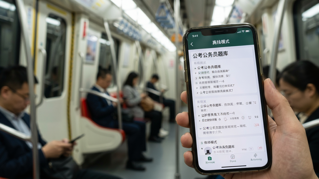 公考公务员题库离线刷题场景图,手机屏幕显示离线模式下的题目界面,背景是地铁车厢,画面中有“公考公务员题库”文字,风格写实,光线柔和,画质清晰