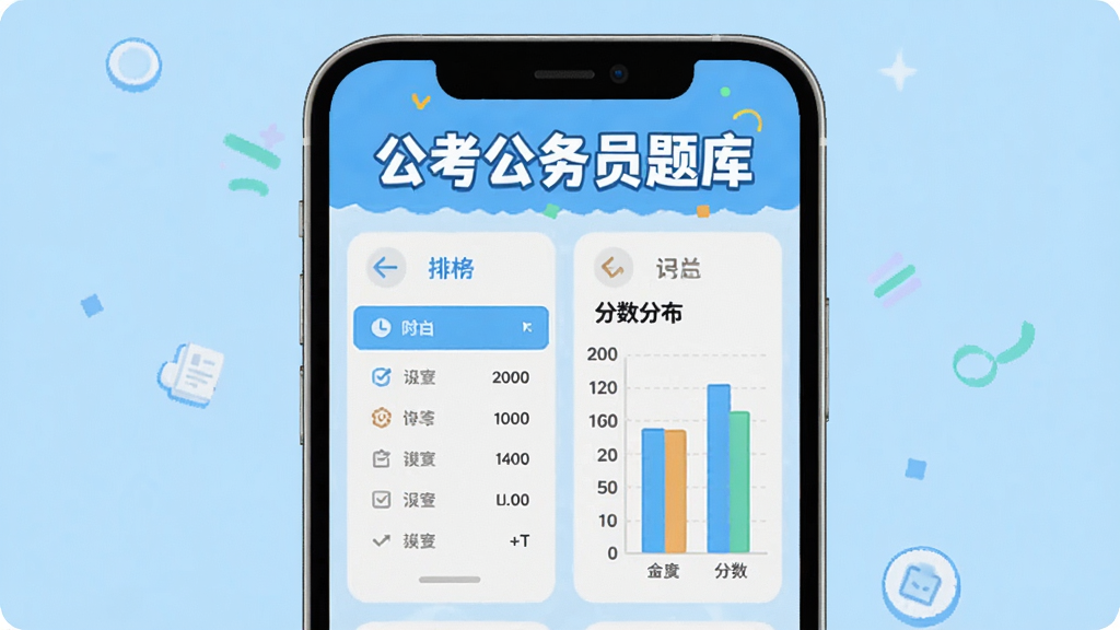 公考公务员题库模考大赛界面,手机屏幕显示排行榜和分数分布图,顶部有“公考公务员题库”字样,背景为浅蓝色,风格活泼,数据清晰,无多余装饰