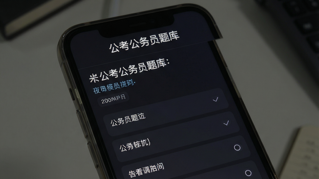 公考公务员题库夜间模式界面,手机屏幕显示深色背景下的题目和选项,文字清晰,顶部有“公考公务员题库”文字,风格沉稳,画质细腻,无多余元素
