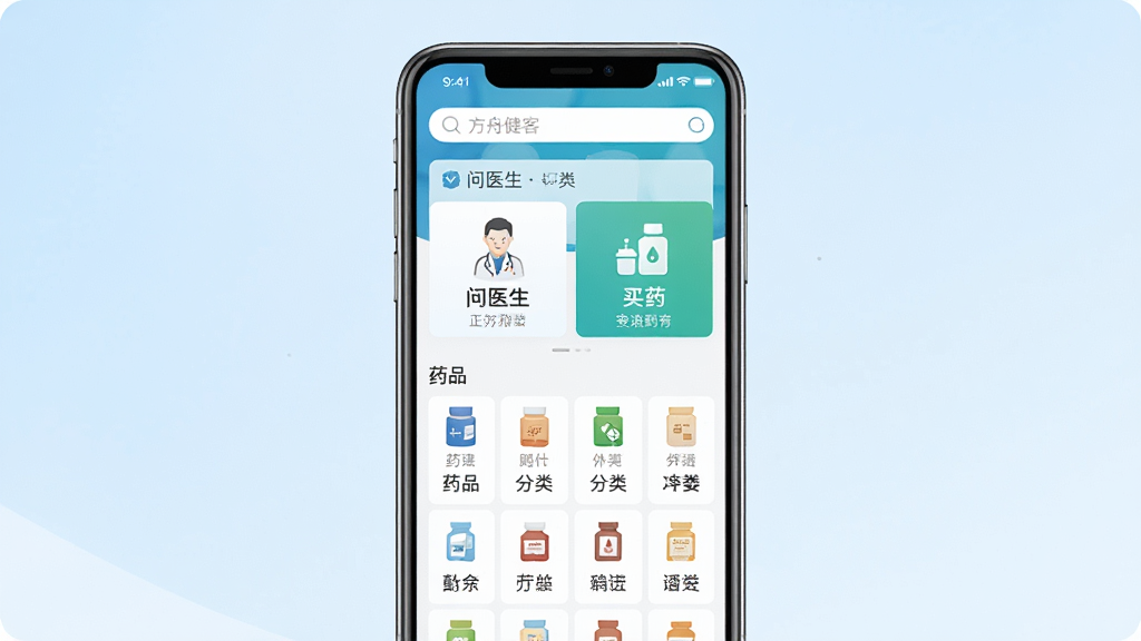 一张展示方舟健客网上药店核心功能的手机APP界面截图,画面中央是手机屏幕,屏幕内显示方舟健客网上药店APP首页,顶部有搜索框,中间是问医生和买药的快捷入口,下方是药品分类图标,背景是干净的浅蓝色渐变,风格现代简约,细节清晰,画质干净无多余元素
