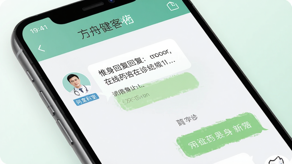 一张展示方舟健客网上药店在线问诊功能的界面截图,画面主体是手机屏幕,屏幕内显示医生回复消息的对话框,对话框旁边有医生头像和科室标签,背景是柔和的白色和浅绿色,风格干净专业,细节清晰,画质干净无多余元素