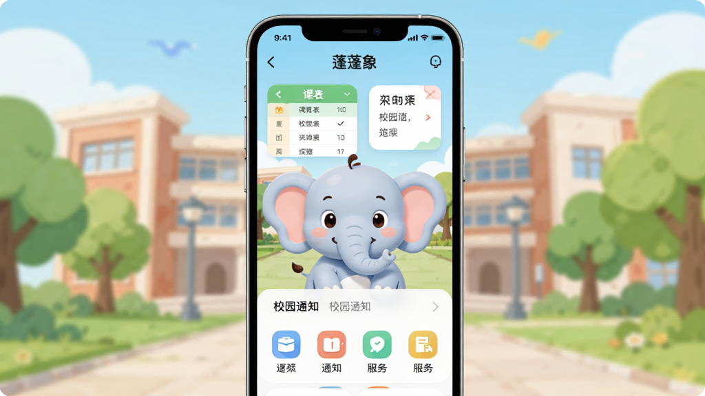 һ��չʾ������App���Ľ�����ֻ�����ͼ������������������Ŀ�ͨС�����������������У԰��ѧ¥���������ֻ���Ļ��ʾ�α���У԰֪ͨ�ͱ�ݷ���ͼ�꣬���ֲ��þ��жԳ��Ű棬���Ϊ���±�ƽ���廭��ϸ��Բ����ͣ����ʸɾ��������޶���Ԫ�أ�ͼƬ������Ϊ��������