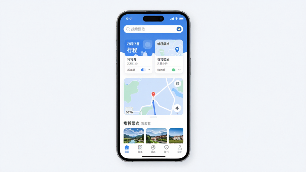 缕程国旅App主界面全貌展示,主体为一部智能手机屏幕,布局中央显示“缕程国旅”应用主页面,包含行程卡片、地图导航模块与推荐景点缩略图,排版采用上下结构,顶部搜索栏,中部功能入口,底部导航菜单,风格为现代扁平化设计,细节圆润,配色以蓝白为主,画质干净清晰,无多余元素。