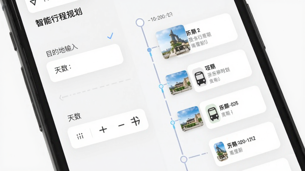 缕程国旅智能行程规划界面展示,主体为手机屏幕特写,布局左侧为目的地输入框与天数选择器,右侧为自动生成的日程时间轴,排版采用卡片式列表,风格为清新简约风,细节包含景点缩略图与交通图标,画质干净,无多余元素。