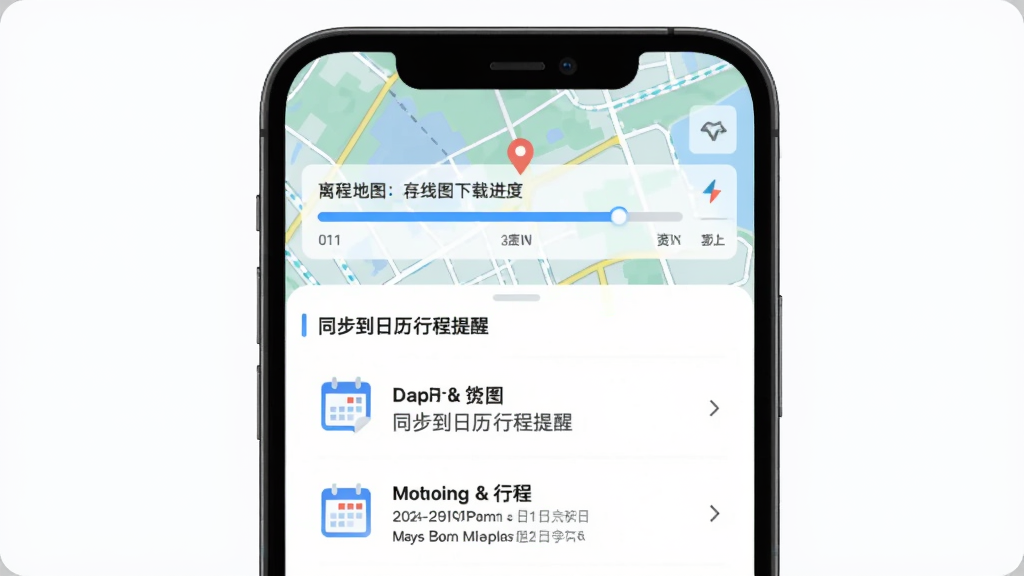 缕程国旅离线地图与行程同步功能展示,主体为手机屏幕,布局上方为离线地图下载进度条,下方为同步到日历的行程提醒列表,排版采用分栏设计,风格为科技感扁平风,细节包含地图网格与日历图标,画质干净,无多余元素。