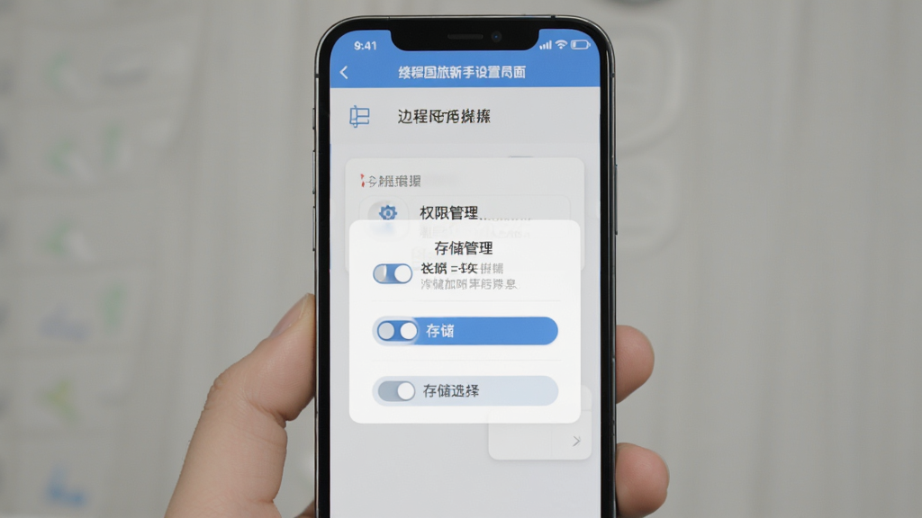 缕程国旅新手设置界面展示,主体为手机屏幕,布局包含权限管理弹窗与存储选择菜单,排版采用上下层级,风格为简洁指引风,细节包含开关按钮与提示文字,画质干净,无多余元素。