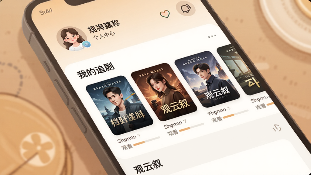 һ��չʾ�ֻ�App�������Ľ���Ĳ廭�����涥�����û�ͷ����ǳƣ��м��ǡ��ҵ�׷�硱�б�����ʾ�ಿ�̾����͹ۿ����������ײ��С���������������������ܰ����ɫ��ͣ��������������ʸɾ����޶���Ԫ��