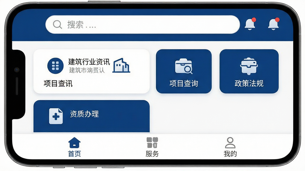 上海建筑业服务手机APP主界面展示,整体布局简洁清晰,顶部为搜索栏和消息通知图标,中间醒目位置排列着建筑行业资讯、项目查询、政策法规、资质办理等核心功能入口卡片,底部为首页、服务、我的三个导航标签,整体色调以专业的深蓝色和白色为主,风格现代扁平化,图标设计圆润简洁,画面干净无多余元素,高画质展示