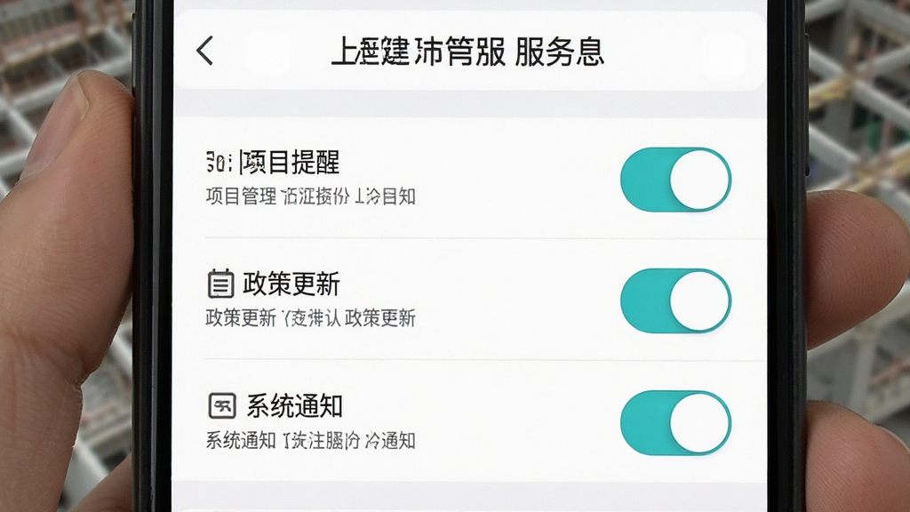 上海建筑业服务消息通知设置界面截图,手机屏幕显示关注管理页面,有项目提醒、政策更新、系统通知等开关选项,界面布局合理,开关按钮设计清晰,背景为纯白色,文字说明简洁明了,画质干净无多余装饰