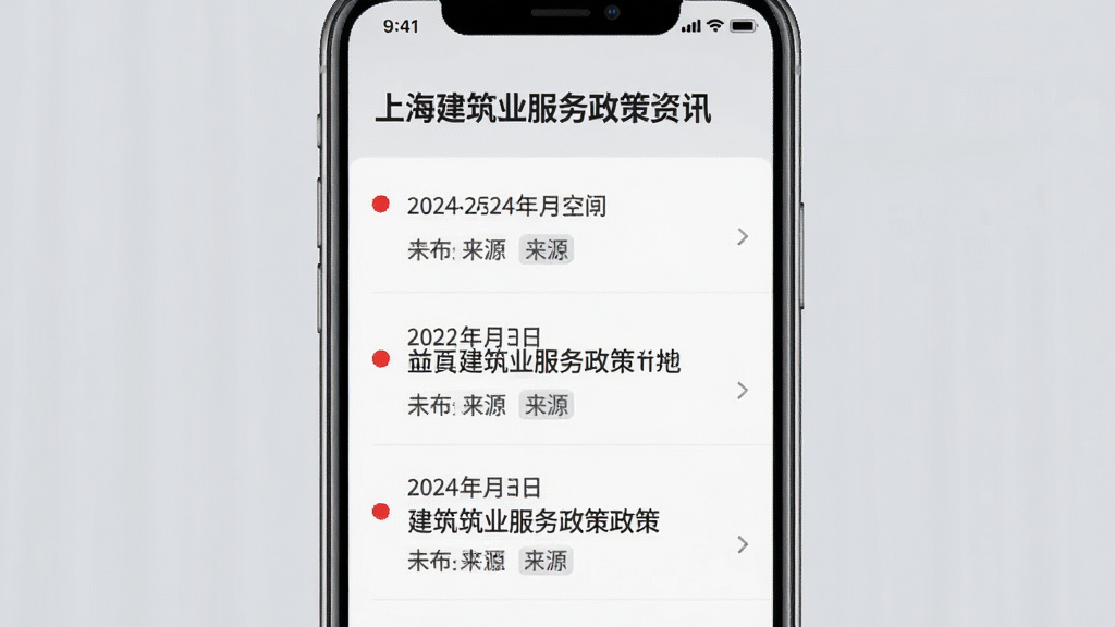 上海建筑业服务政策资讯页面展示,手机屏幕上呈现政策法规列表,每条资讯带有发布日期和来源标签,重点政策用红色小圆点标记,界面排版整齐,字体大小适中,背景为柔和浅灰色,整体风格严肃而不失现代感,画质清晰
