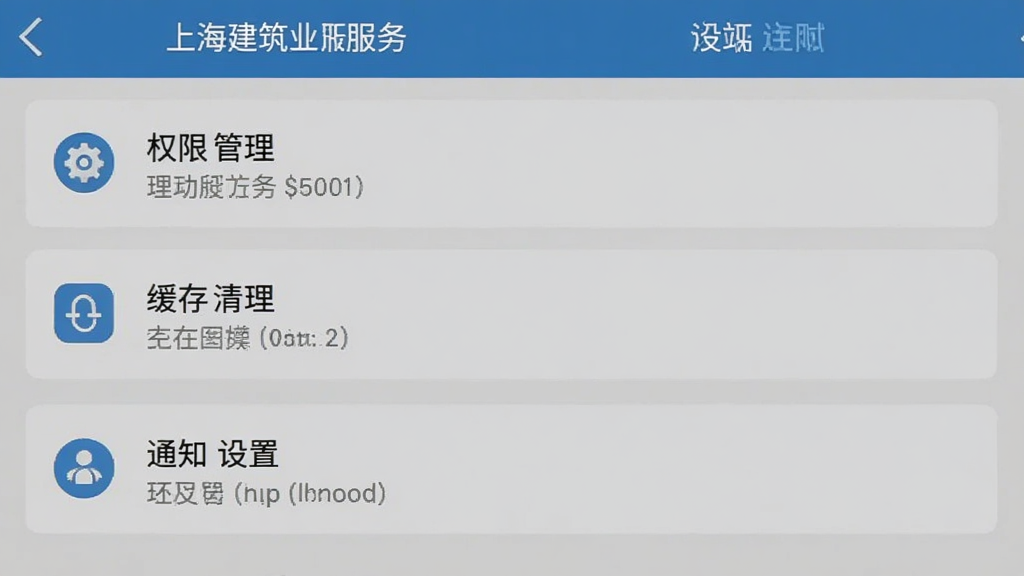 上海建筑业服务手机端设置页面截图,展示权限管理、缓存清理、通知设置等选项,界面布局清晰,每个设置项都有简短的文字说明,背景干净整洁,图标风格统一,画质清晰无噪点
