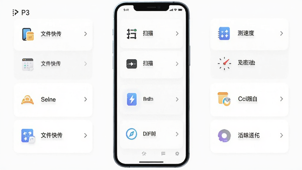 一张展示P3软件功能聚合页面的图片,画面中手机屏幕显示多个功能卡片,卡片上有小图标和文字标签,如文件快传、扫描、测速等,卡片排列整齐,背景为白色,风格简约,画质清晰,无多余元素,图片中带有P3字样