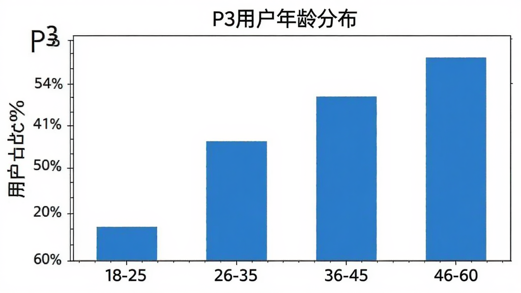 一张展示P3用户年龄分布的柱状图图片,图表标题为“P3用户年龄分布”,横轴为年龄段18-25、26-35、36-45、46-60,纵轴为用户占比百分比,柱状图颜色为蓝色,背景为白色,风格简洁明了,画质清晰,无多余元素,图片中带有P3字样