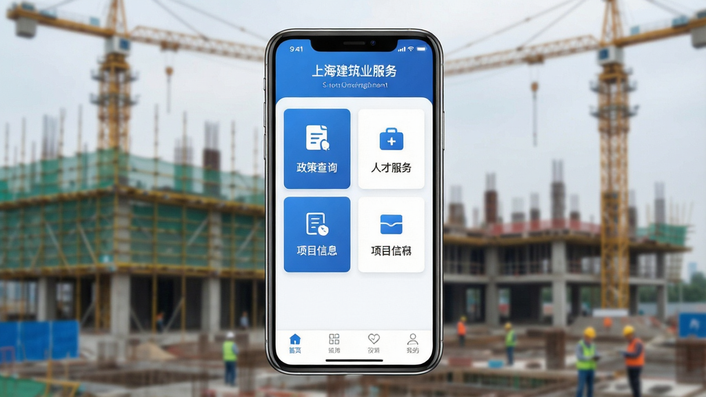 一张展示“上海建筑业服务”app核心界面的手机样机图,画面中央是一部现代智能手机,屏幕亮起显示app首页,界面顶部有“上海建筑业服务”文字标题,中间区域是清晰的卡片式功能入口,包括政策查询、人才服务、项目信息等图标,底部有导航栏,背景是虚化的建筑工地场景,整体风格现代简洁,蓝白配色,画质干净清晰,无多余元素