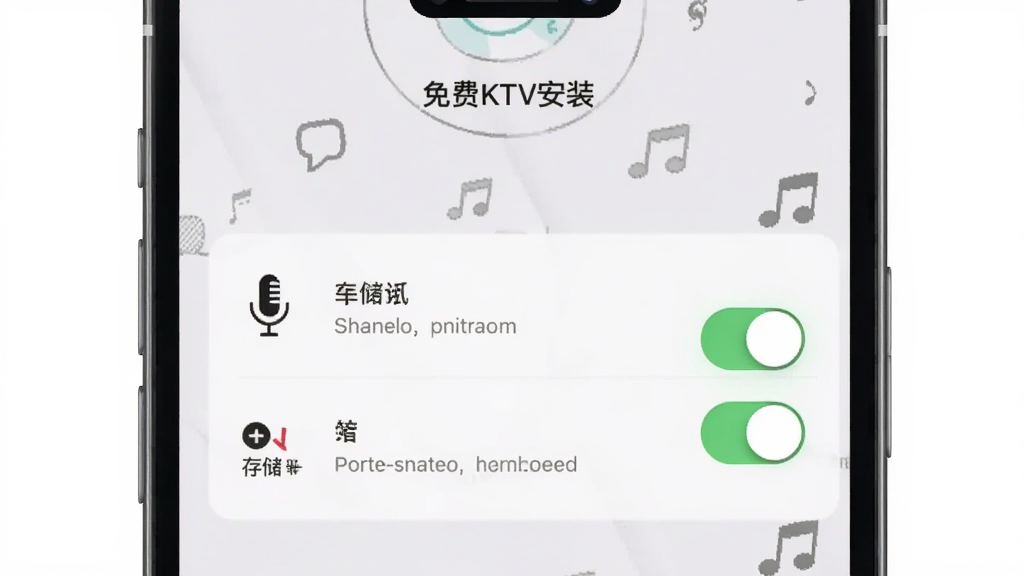 全民欢唱免费KTV安装权限设置示意图,主体为手机屏幕中显示应用权限管理界面,布局包含麦克风与存储权限开关,排版简洁,风格为系统原生设置界面风格,细节包含权限说明文字,画质干净无多余元素
