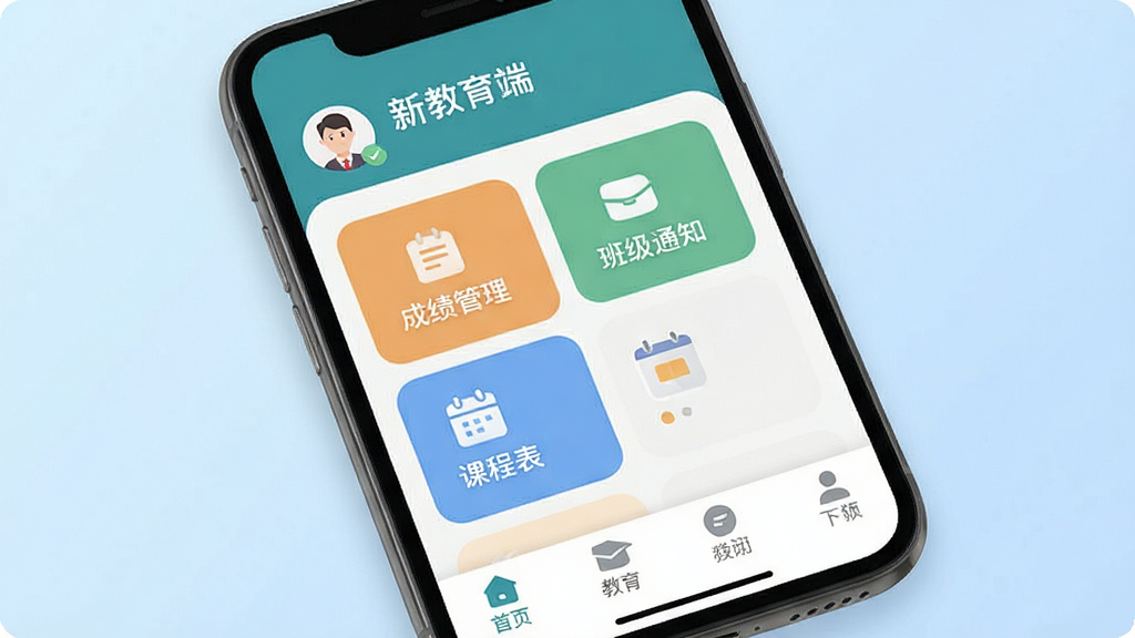 一张展示新教育教师端手机应用主界面的详细图片,主体是一部智能手机,屏幕上显示着新教育教师端应用的主页,布局包含顶部个人信息栏、中间功能模块入口如成绩管理、班级通知、课程表,底部导航栏,排版简洁清晰,风格现代扁平化,细节圆润,背景为柔和的浅蓝色渐变,画质干净,无多余元素,文字清晰标注新教育教师端