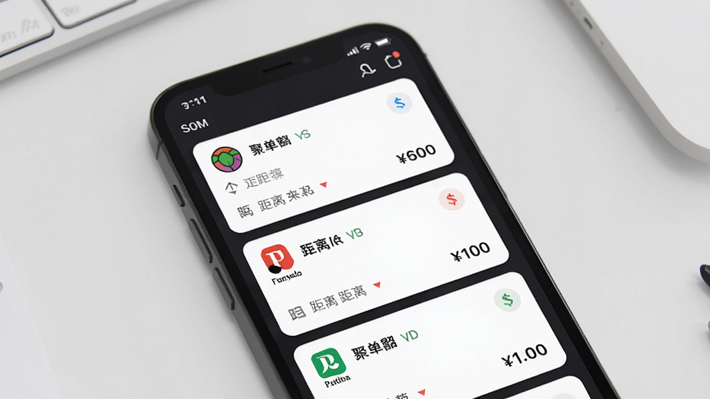 聚单客App多平台订单聚合功能的示意图,画面中一部手机屏幕上显示着来自不同平台的订单卡片整齐排列,每个卡片上有平台标识、距离、价格等信息,背景是简洁的浅灰色工作台面,风格现代扁平,细节清晰,画质干净