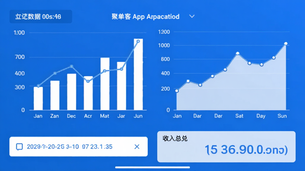 聚单客App数据统计页面的手机截图,画面中显示着柱状图和折线图,图表下方有日期筛选按钮和收入汇总数字,整体配色以蓝色和白色为主,图表清晰易读,风格简洁专业,画质干净无杂乱元素