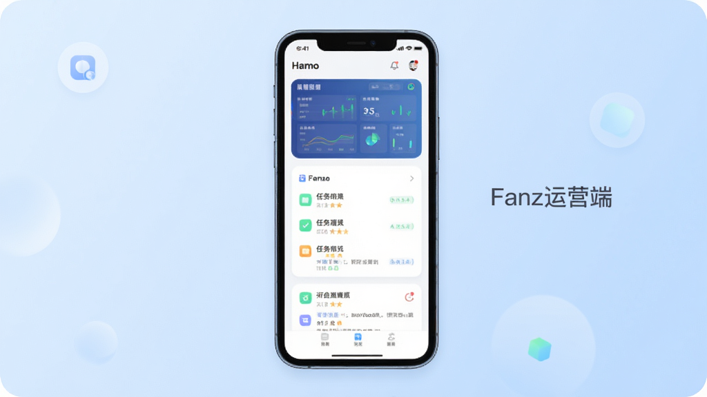 һ��չʾFanz��Ӫ�˺��Ľ����ͼƬ�������������ֻ���Ļ����Ļ����ʾ�����ݿ��塢�����б�����Ϣ֪ͨ����ģ�飬�����Ǽ���ǳ��ɫ���䣬����ִ���ƽ��ϸ��Բ�󣬻��ʸɾ��޶���Ԫ�أ�ͼƬ�д��С�Fanz��Ӫ�ˡ����ֱ�ʶ