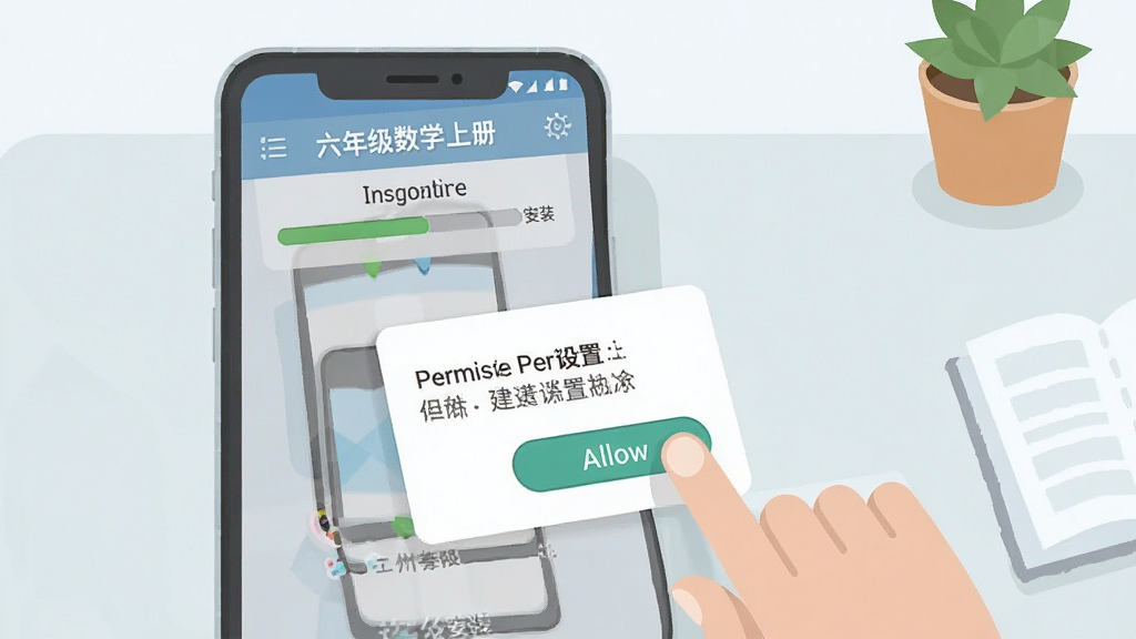 һ��չʾ���꼶��ѧ�ϲ�app���ֻ��ϰ�װ��Ȩ�����õ�ʾ��ͼ���������ֻ���Ļ��ʾ�Ű�װ��������Ȩ�������������Ա�����ָ���ڵ��������ť�������Ǽ������棬����ƽ���̳�ͼ���������������ʸɾ����޶���Ԫ��