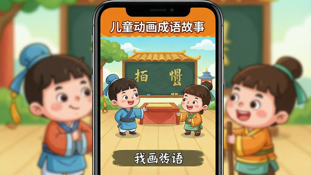 һ��չʾ��ͯ�����������App���Ľ����ͼƬ���������ֻ���Ļ�����ڲ��ſ�ͨ���ĳ��ﶯ�����������пɰ��ĹŴ�С���ѽ�ɫ�Ͷ�������������Ϊ�����ֻ�չʾ���Ű���У����Ϊ�������õĶ�ͯ�廭�磬ϸ�ڰ�����Ļ�·��ĳ�����Ļ�Ͷ�����App���ơ���ͯ����������¡��������������ɾ����޶���Ԫ��
