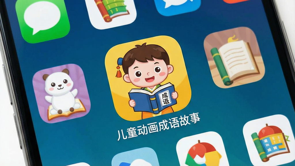 һ��չʾ��ͯ�����������App���ֻ��ϰ�װ��ɵ�ͼƬ���������ֻ�������ʾAppͼ�꣬ͼ����һ���ɰ��Ŀ�ͨС��ͯ���󣬲���Ϊ�ֻ�����Ļ�������У��Ű���Appͼ��λ������λ�ã����Ϊ��ƽ����ͨͼ����ƣ�ϸ�ڰ���ͼ���·������ơ���ͯ����������¡�����Χ��������Appͼ�꣬�����������ɾ����޶���Ԫ��