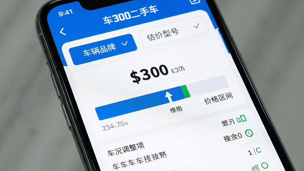 手机应用界面特写,屏幕中央显示“车300二手车”的估价结果页面,上方有车辆品牌和型号选择框,中间是价格数字和价格区间条形图,下方列出车况调整项,布局上下分层清晰,风格简洁专业,蓝白配色,画质干净无多余元素