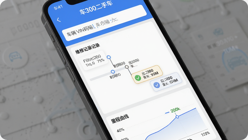 手机屏幕展示“车300二手车”车况报告页面,顶部是车辆VIN码输入框,中间为维修记录时间轴,底部有出险记录和里程曲线图,布局纵向排列,风格数据可视化,蓝灰配色,画质干净无多余元素