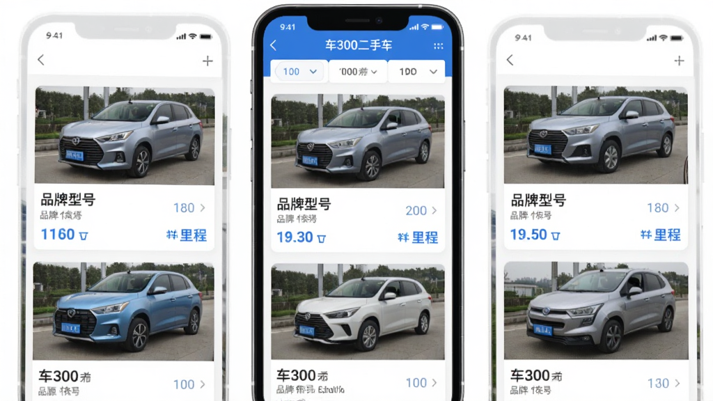 手机应用界面展示“车300二手车”车源列表页,多张车辆卡片纵向排列,每张卡片包含车辆照片、品牌型号、价格和里程信息,顶部有筛选栏,布局整齐,风格清爽,白底蓝字,画质干净无多余元素