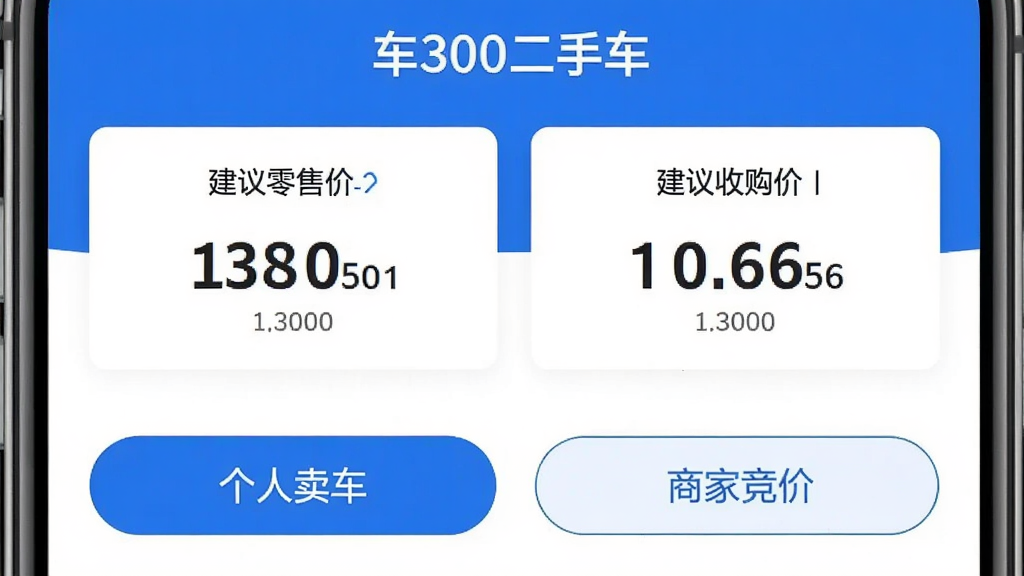 手机屏幕展示“车300二手车”卖车比价界面,上方显示建议零售价和建议收购价两个数字卡片,下方有“个人卖车”和“商家竞价”两个按钮,布局左右对称,风格简洁明了,蓝白配色,画质干净无多余元素