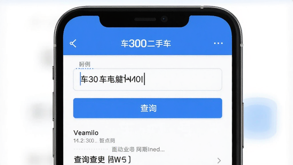 手机屏幕展示“车300二手车”的VIN码查询输入界面,输入框内有示例车架号,下方有“查询”按钮和查询历史记录,布局简洁,风格工具类应用,蓝白配色,画质干净无多余元素