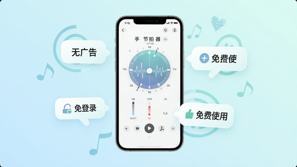 手机节拍器纯净体验展示图,画面中手机屏幕显示节拍器界面,周围有“无广告”“免登录”“免费使用”的标签图标漂浮,背景是清爽的浅色渐变,风格简约现代,画质干净无多余元素