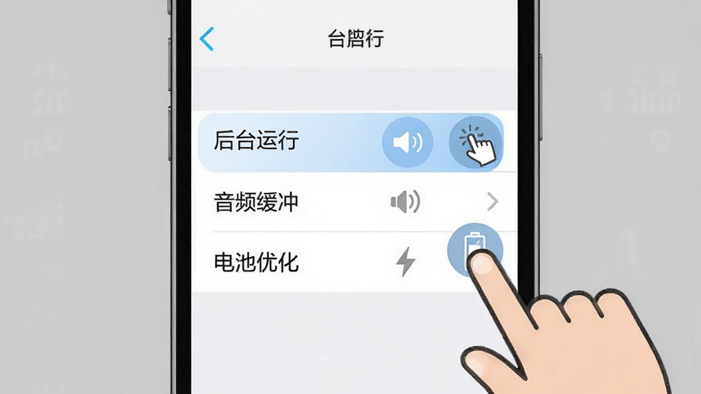 手机节拍器设置界面操作指引图,画面展示手机屏幕上的设置菜单,高亮显示“后台运行”“音频缓冲”“电池优化”三个选项,旁边有手指点击的图标,背景是简洁的灰色调,风格清晰直观,画质干净无多余元素