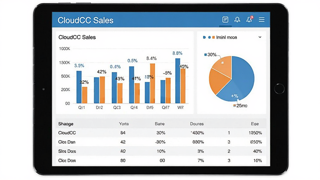һ��չʾ CloudCC Sales ���ݱ��������ͼƬ������Ϊƽ����Ի��ֻ���Ļ����Ļ����ʾ��״ͼ�ͱ�״ͼ������Ϊ�Ϸ����⡢�м�ͼ�����·������б����Ű���������Ϊ���ݷ�������磬ϸ�ڰ�����ɫ�ͳ�ɫ�������������ٷֱȱ�ע�����ʸ��壬�ɾ��޶���Ԫ��