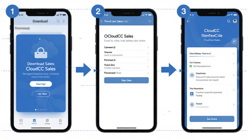 һ��չʾ CloudCC Sales ��װ���������̵�ʾ��ͼ������Ϊ�ֻ���Ļ���г���������ָ��������Ϊ�������е������ֻ����ֱ���ʾ����ҳ�桢Ȩ������ҳ�������棬�Ű�Ϊ�̷̳��ϸ�ڰ�����ͷָʾ�Ͳ������ֱ�ǩ�����ʸ��壬�ɾ��޶���Ԫ��