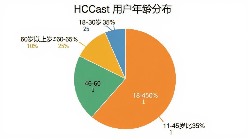 ��״ͼչʾHCCast�û�����ֲ���18-30��ռ��35%��31-45��ռ��30%��46-60��ռ��25%��60������ռ��10%����ɫ������ͼ����࣬��ע��ȷ