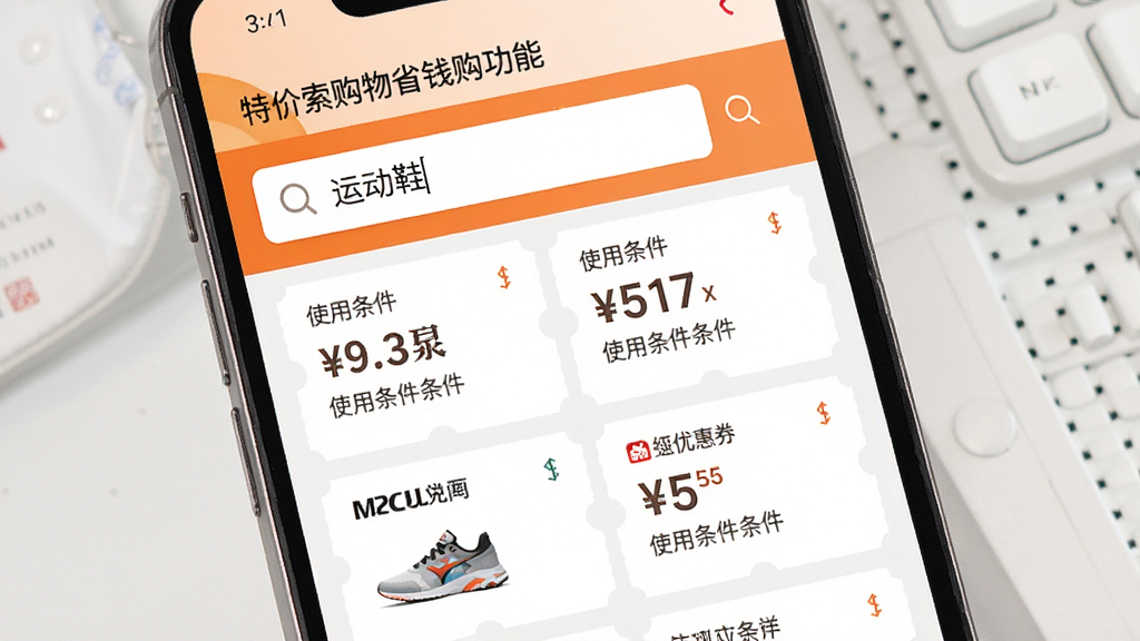 �ؼ۹���ʡǮ��APP�������Ż�ȯ���ܵĽ����ͼ���ֻ���Ļ��ʾ�������������ˡ��˶�Ь���ؼ��ʣ��·������������ƽ̨���Ż�ȯ�б���ÿ��ȯ����ע������ʹ��������������ɫ�԰�ɫ�ͳ�ɫΪ�����������������ɾ���ˬ�����ʸ���������Ԫ��