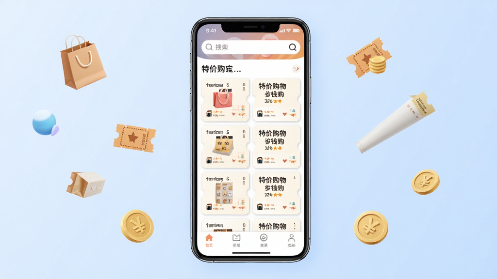 һ��չʾ�ؼ۹���ʡǮ��APP���Ľ�����ֻ�����ͼ�������������ֻ���Ļ����Ļ����ʾ�ؼ۹���ʡǮ������ҳ���������������м��Ǹ�����Ʒ�Ż�ȯ�б����ײ��е���������������͵�ǳ��ɫ���䣬��Χ��׺�Ź�������Ż�ȯ����ҵ�Сͼ�꣬����ִ���࣬���������ɾ����޶���Ԫ��