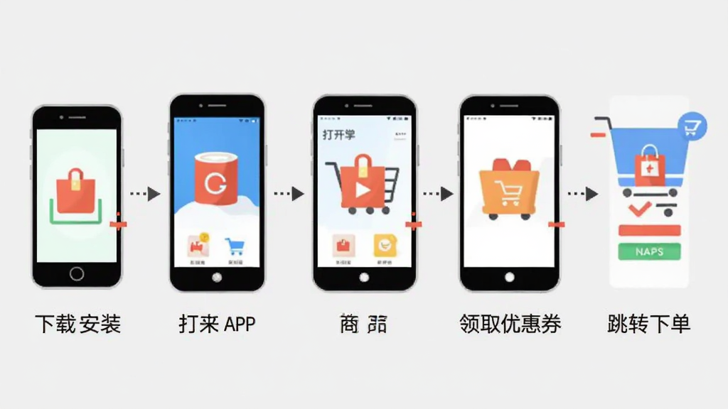 �ؼ۹���ʡǮ��APP�ڰ�׿�ֻ��ϵİ�װ��ʹ������ʾ��ͼ���������������չʾ���ذ�װ����APP��������Ʒ����ȡ�Ż�ȯ����ת�µ�������裬ÿ�������ü���ͼ��ͼ�����ֱ�ע������Ϊǳ��ɫ������ƽ�������������ɾ�