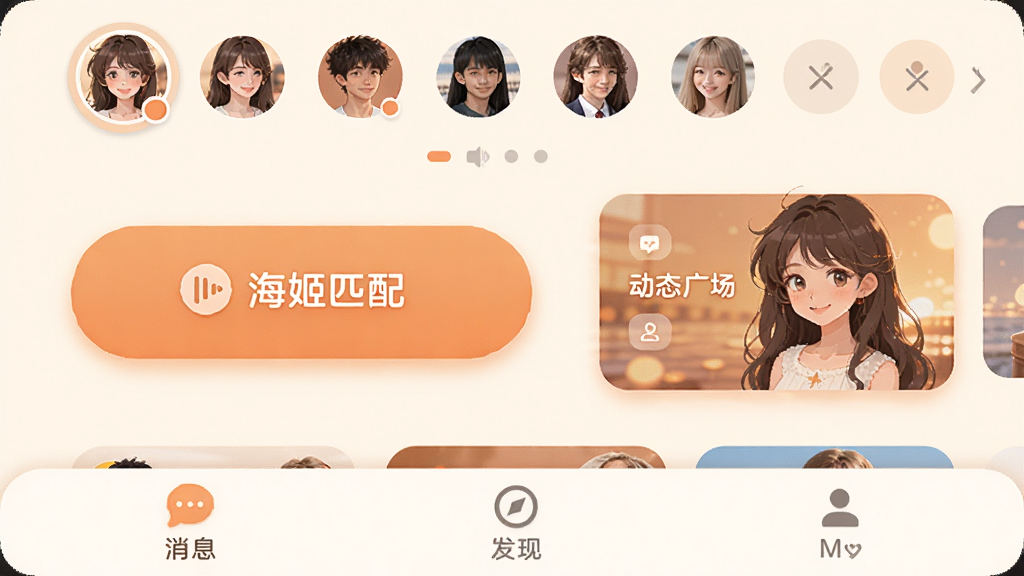 �������� ����������չʾ�����岼�ּ�࣬��ůɫ��Ϊ����������ʾ�����û�ͷ���б����м�������ƥ�䰴ť�Ͷ�̬�㳡��ڣ��ײ�Ϊ��Ϣ�����ֺ��ҵ�����ѡ��������ܰ�ִ���ϸ��Բ�󣬻��ʸɾ��޶���Ԫ��