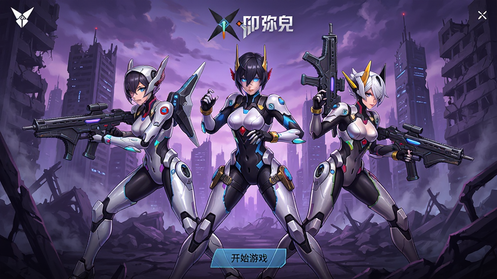 一张展示战双帕弥什游戏主界面的全景图,画面中央是三位构造体角色摆出战斗姿态,背景是末世科幻风格的城市废墟,天空呈现紫红色调,画面顶部有游戏logo,底部有开始游戏按钮,整体风格为二次元科幻机甲风,细节精致,画质高清,干净无多余元素
