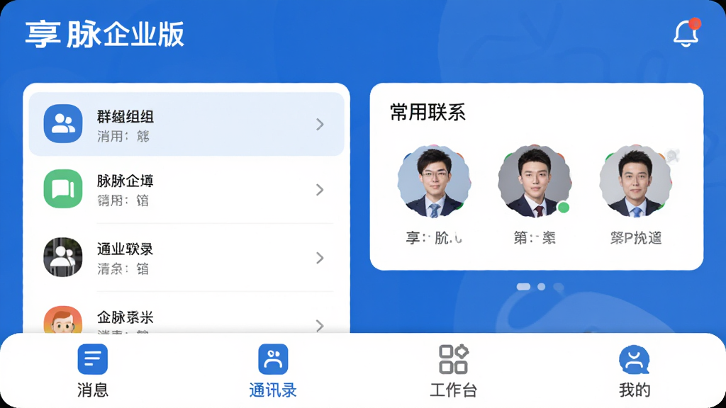享脉企业版 软件主界面 简洁商务风格 蓝白配色 顶部显示企业名称与消息通知图标 中部为群组列表与常用联系人头像 底部为消息、通讯录、工作台、我的四个选项卡 布局清晰 扁平化设计 细节圆润 画质干净 无多余元素