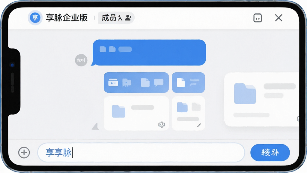 享脉企业版 群组聊天界面 顶部显示群名称与成员数 中部为聊天气泡与文件卡片 底部为输入框与附件按钮 蓝白配色 扁平化设计 画质干净 无多余元素