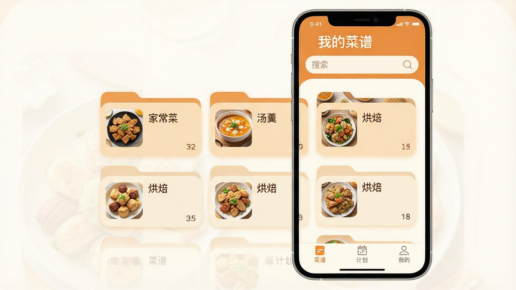 �������׹���APP��������չʾ���ֻ���Ļ������ͼ��������ů��ɫ���װ�ɫΪ��ɫ����������ʾ���ҵĲ��ס�������������м��Ƿ��࿨Ƭʽ���֣��������ҳ��ˡ������������決���ȷ����ļ��У�ÿ���ļ���������ͼ�Ͳ���������ע���ײ�Ϊ�����ס����ƻ������ҵġ�����������ǩ����������ܰ��࣬��ƬԲ����ͣ��������������ʸɾ��޶���Ԫ��